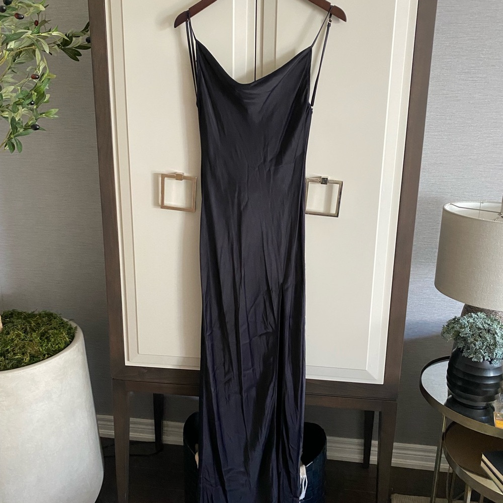 Elegant Black Slip Dress with Cowl Neck Satin-like